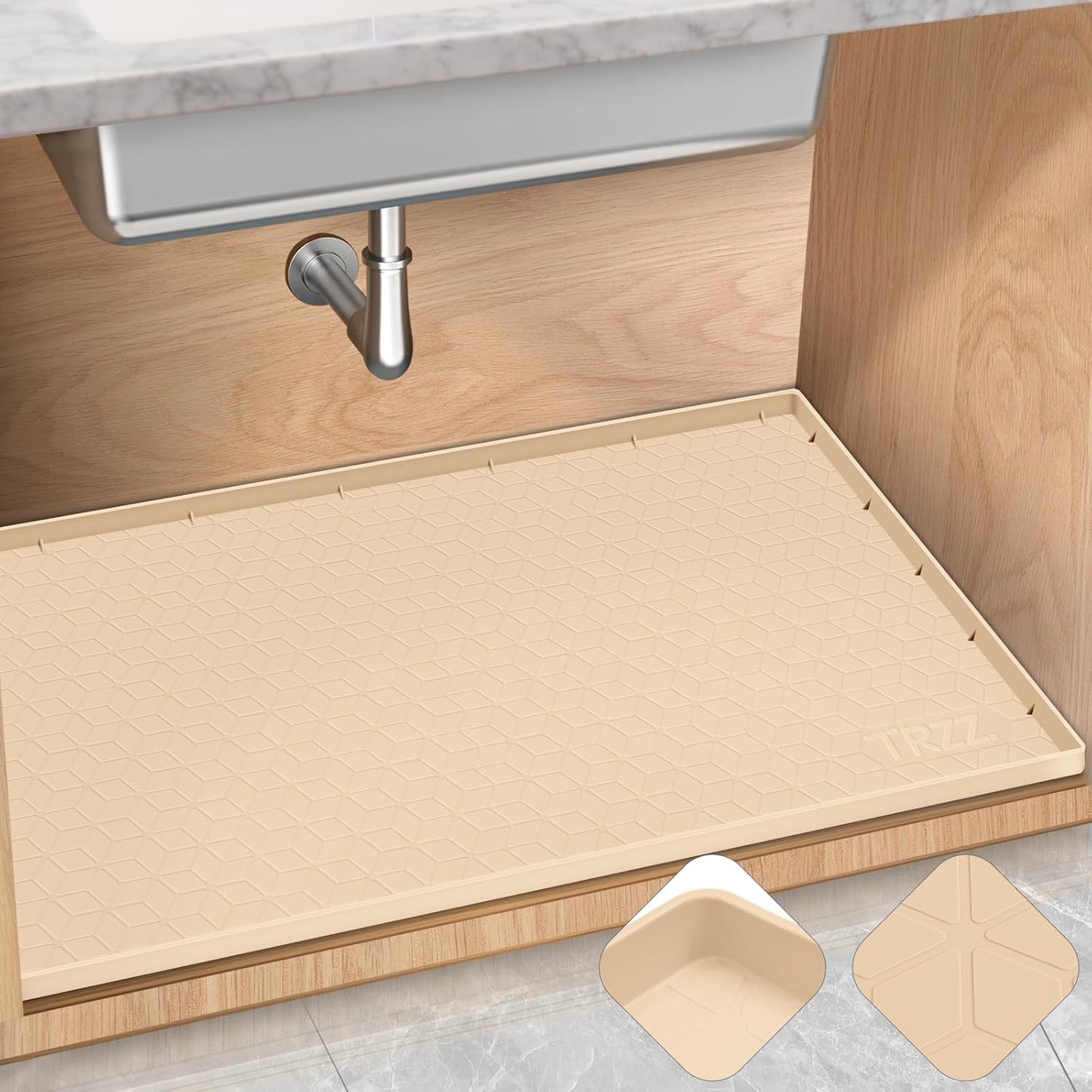 TRZZ Silicone Waterproof Under Sink Mat 34" x 19", Drip Tray and Cabinet Liner for Kitchen and Bathroom, Prevents Water Damage and Organizes Cabinets (Beige)