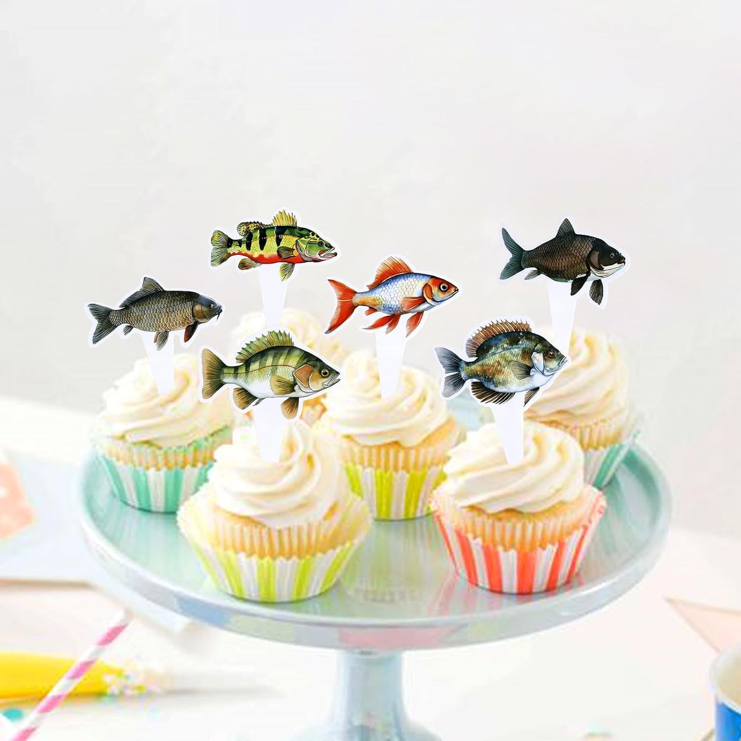 24pcs Fish Cupcake Toppers Go Fishing Theme Decorations Baby Shower Boys Girls Happy Birthday Party Tropical Party Cake Picks Under The Sea Decoration Supplies（two-sided）