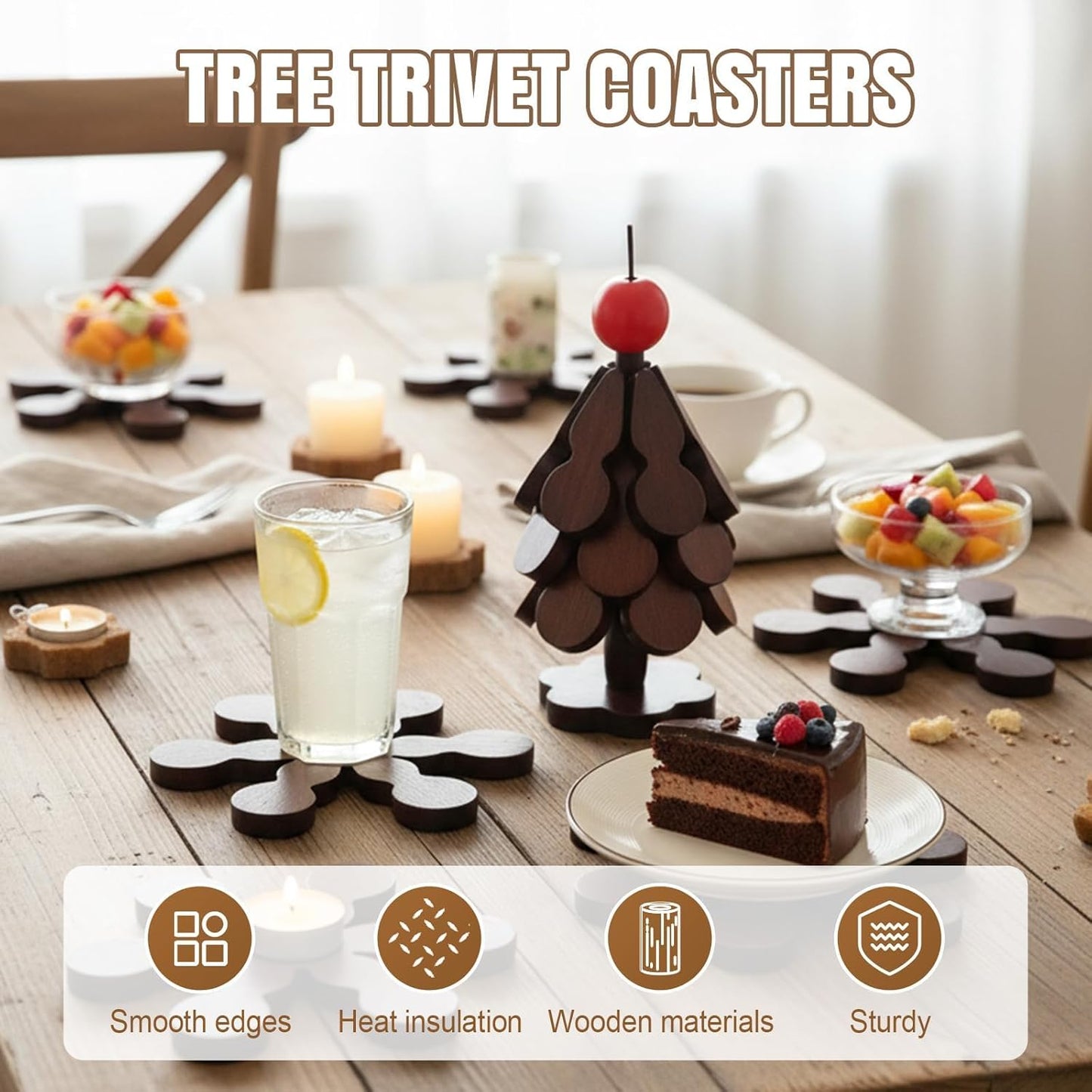 Natural Wood Tree Trivet Set, 2026 New Foldable Wooden Trivets with 3 Trivets & 1 Stand, Kitchen Wooden Tree Shape Trivet Set for Hot Dishes, Pot, Bowl, Teapot, Hot Pot Holders (B)