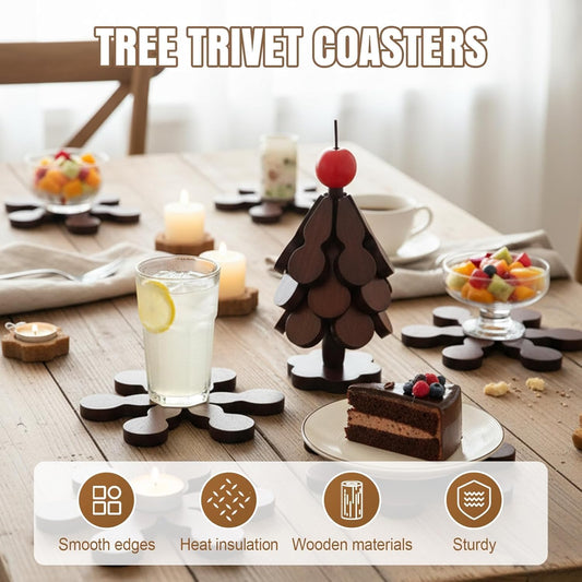 Natural Wood Tree Trivet Set, 2026 New Foldable Wooden Trivets with 3 Trivets & 1 Stand, Kitchen Wooden Tree Shape Trivet Set for Hot Dishes, Pot, Bowl, Teapot, Hot Pot Holders (B)