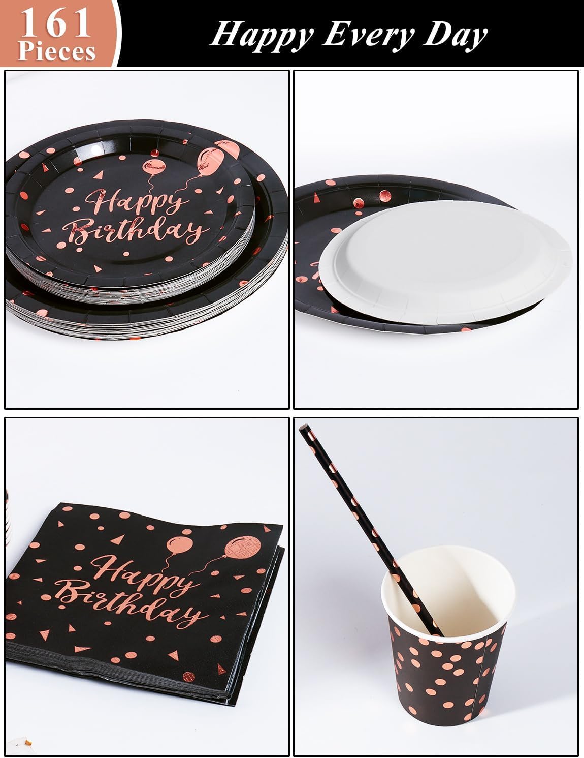 Birthday Party Tableware, 161 Pieces Black and Rosegold Party Supplies, Party Dinnerware Sets Include Paper Plates Napkins Cups Silverware, for Shower Engagement Parties Decoration -20 Serves