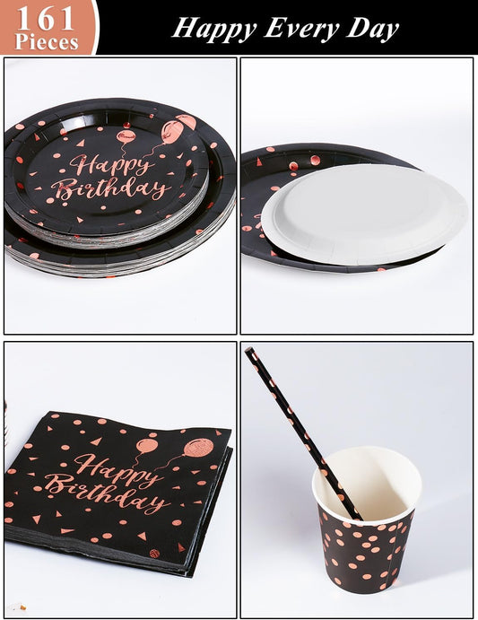 Birthday Party Tableware, 161 Pieces Black and Rosegold Party Supplies, Party Dinnerware Sets Include Paper Plates Napkins Cups Silverware, for Shower Engagement Parties Decoration -20 Serves