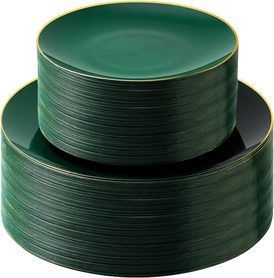 100PCS Green Gold Plastic Plates, Green Disposable Plates for Party, Wedding, Include 50 Dinner Plates, 50 Dessert Plates for 50 Guests