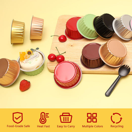 Jumbo 5oz Aluminum Foil Cupcake Liners with Lids 50 Pack,Free-Air Disposable Ramekins Muffin Tin,Mini Cake Baking Pans Muffin Cups,Mini Cupcake Pans Holders -Champagne