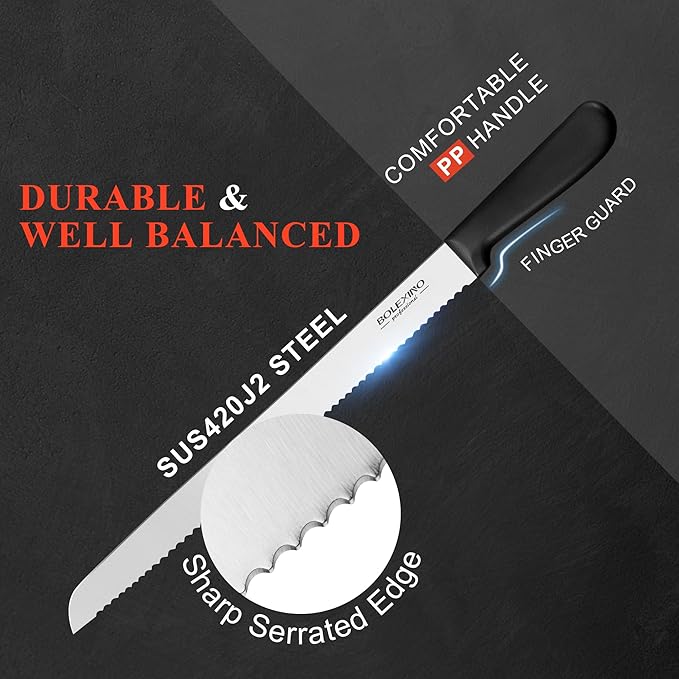 12 Inch Serrated Bread Knife for Homemade Bread, Stainless Steel Wide Wavy Edge Knife, Multi-Purpose Kitchen Knife, Efficient Cake Slicer, Ultra Sharp Baker's Knife for Cutting Crusty Breads, Cake