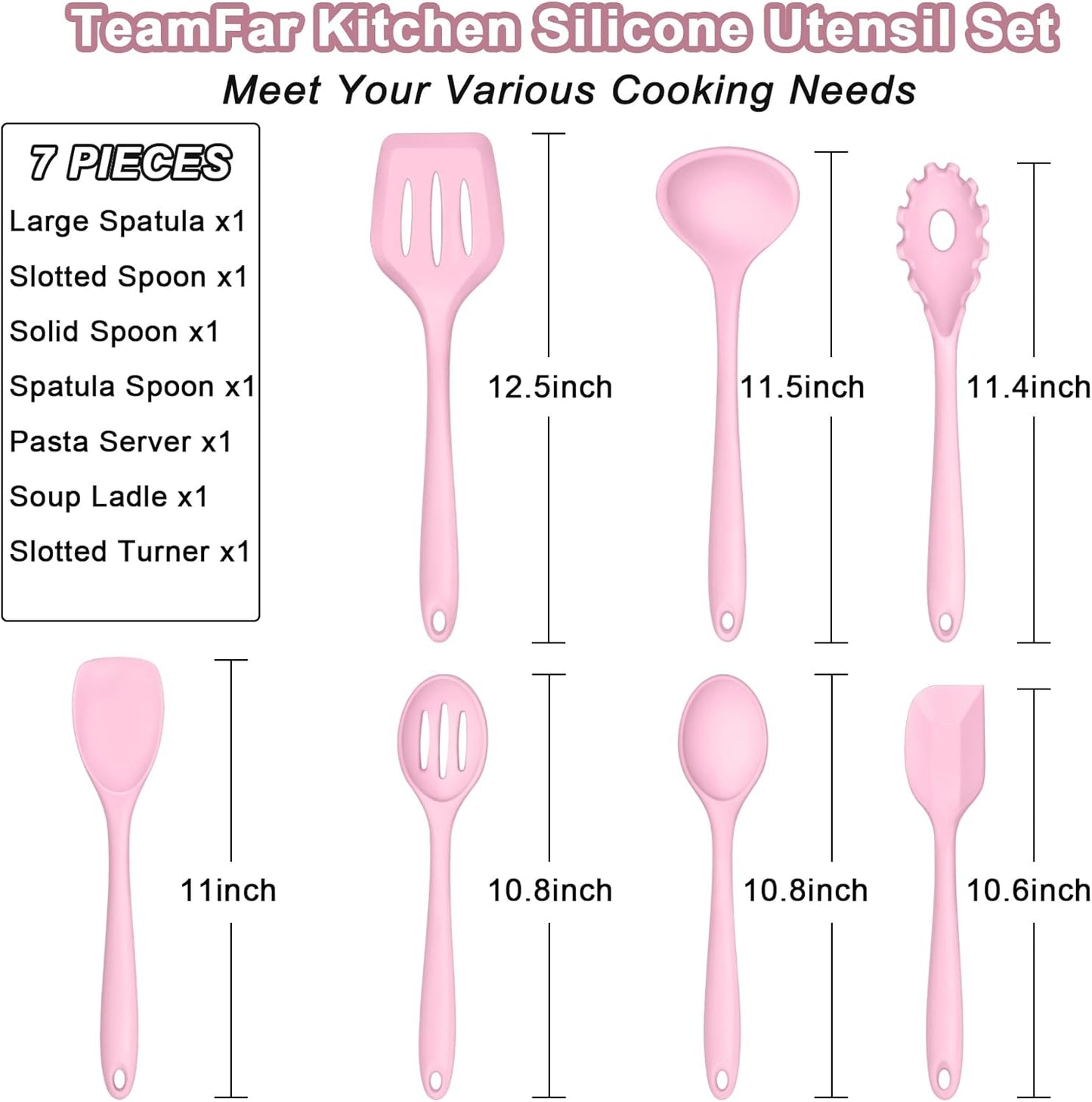 TeamFar Silicone Cooking Utensil Set of 7, Kitchen Nonstick Tools Turner Spoon Spatula Ladle Pasta Server for Nonstick Cookware, Healthy & One-Piece, Anti-Heat & Dishwasher Safe - Pink