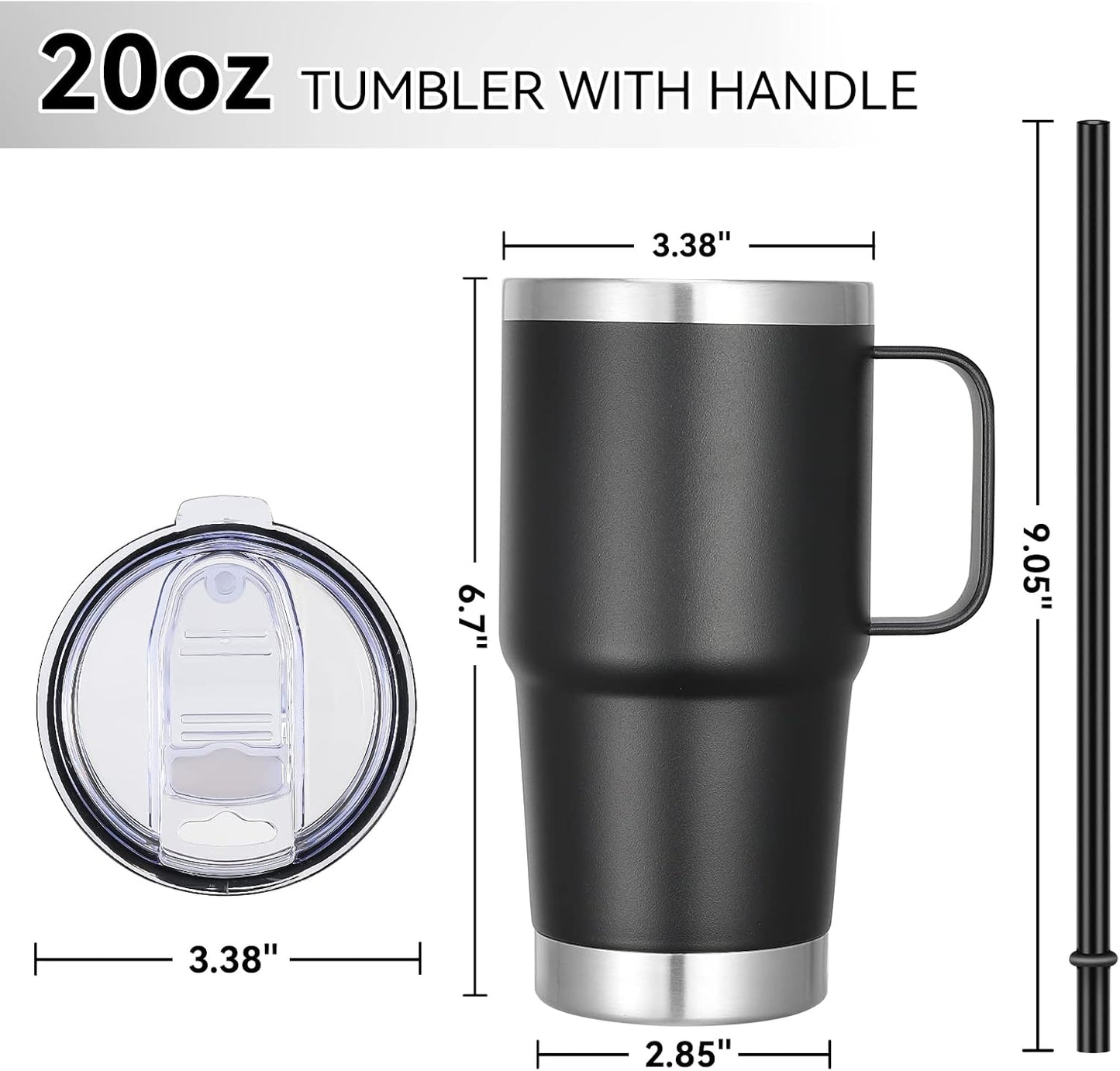 VEGOND 20 oz Tumbler Bulk with Handle Lid and Straw, Stainless Steel Insulated Travel Coffee Mug Set, Spill Proof Double Wall Metal Tumblers Cups, Black 6 Pack