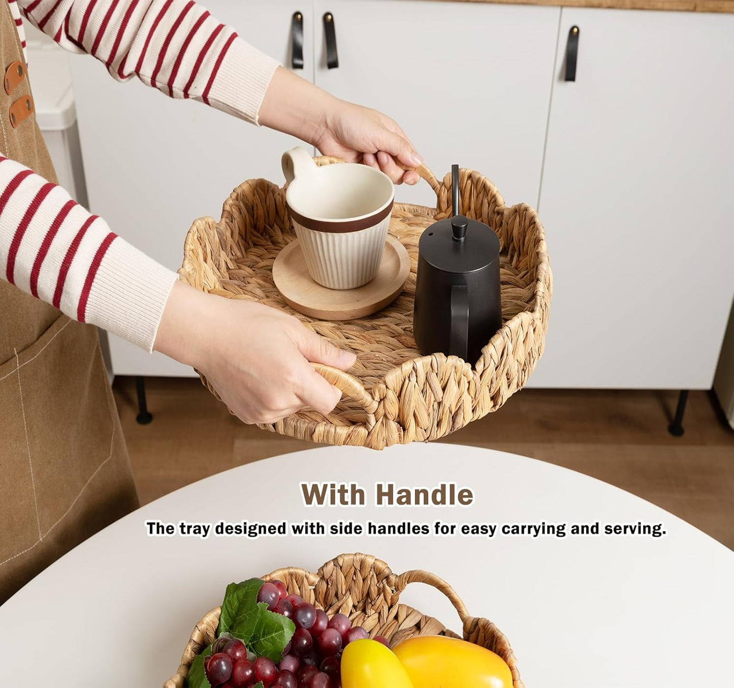 Scalloped Edge Round Tray, Round Serving Tray with Built-in Handles, Wicker Woven Decoratve Tray Basket Organize for Coffee Table Home Decor, Water Hyacinth Rattan Tray，Set of 2, Natural