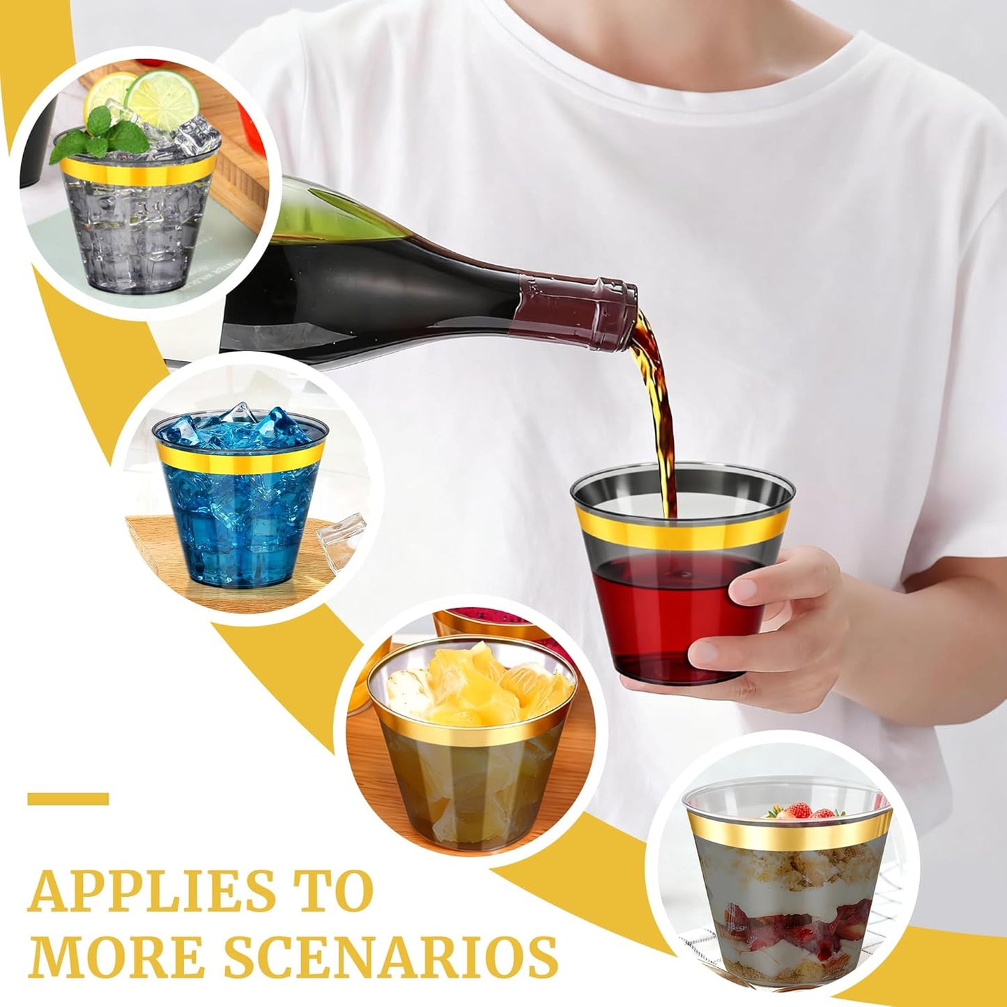 100 Pcs Gold Black Plastic Cups,9Oz Clear Disposable Cups with Gold Rim,Heavy Duty Clear Disposable Plasitc Cocktail Glasses Tumblers Wine Cup for Party,Wedding,Birthday,Christmas