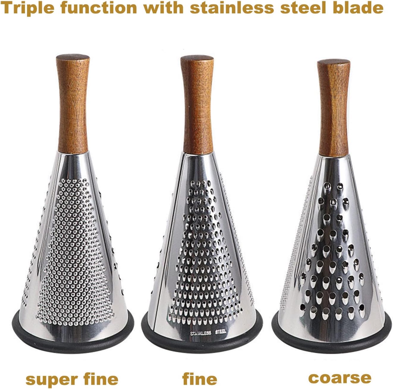 Cone Cheese Grater with Handle Stainless Steel Triple Function Wood Handle Parmesan Shaver Non-Slip Rubber Bottom Hand Held Multifunction Vegetables Cheese Grater with container (L: 10.6" X 4.7")