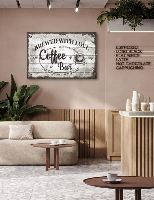 IPIC - Vintage Coffee Bar Sign Brewed with Love, Farmhouse Style Canvas Wall Art for Cafe, Large Wall Decor Gift for Family or Friends, Ready to Hang, Made in USA