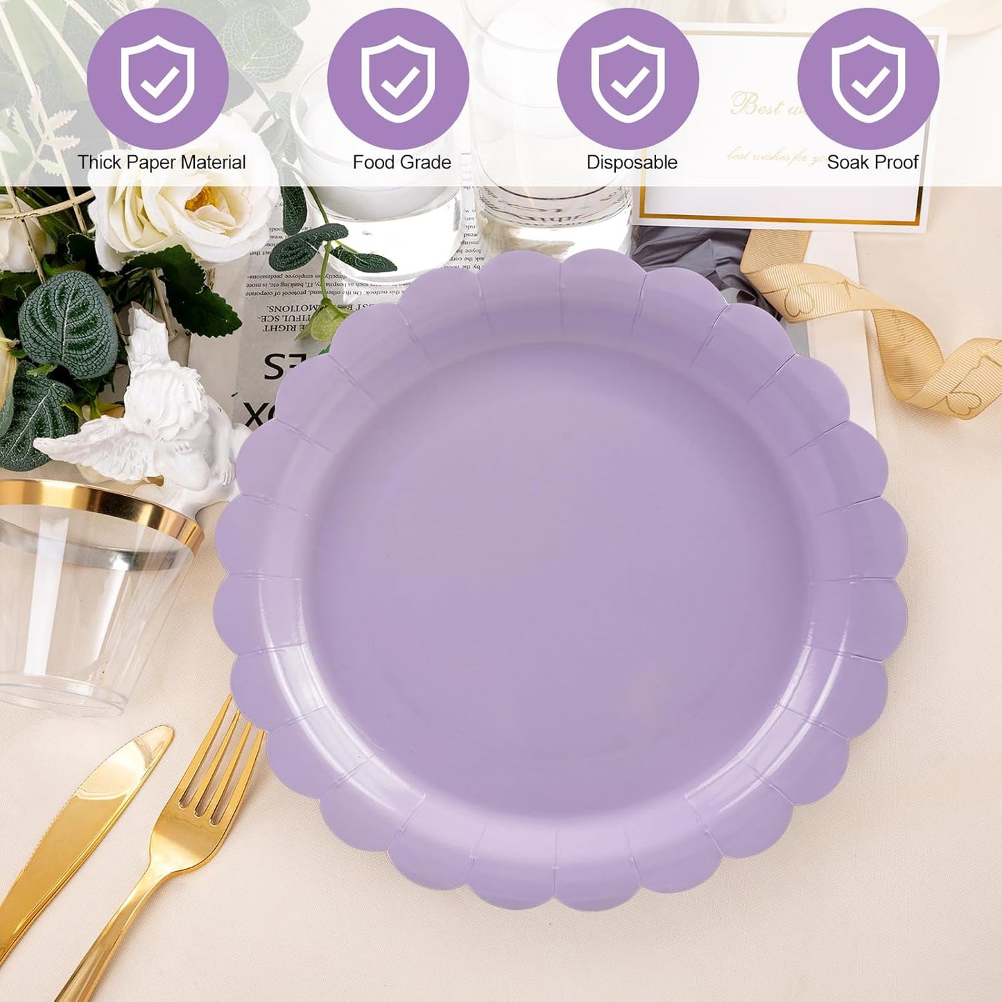 50Pcs Purple Paper Plates-7 Inch Solid Color Scalloped Disposable Birthday Dinnerware Set Dinner Party Plate for Graduation Wedding Baby Shower Table Decor 50 Guests
