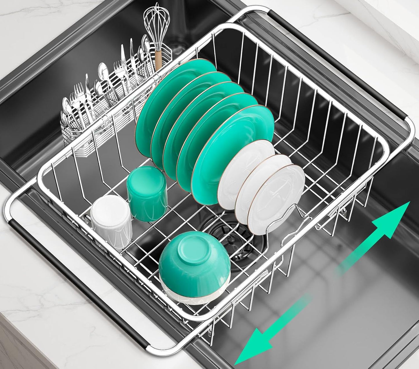 Large Sink Dish Drying Rack, Expandable 304 Stainless Steel Metal Dish Drainer Rack Organizer Shelves with Stainless Steel Utensil Holder Over Inside Sink, Rustproof