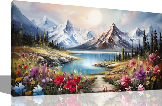 Large Canvas Wall Art for Living Room Farmhouse Decor Pictures Mountain River Landscape Wall Art Decor Prints Countryside Meadow Wildflower Artwork Canvas Painting Wall Decor for Bedroom 20x40 IN