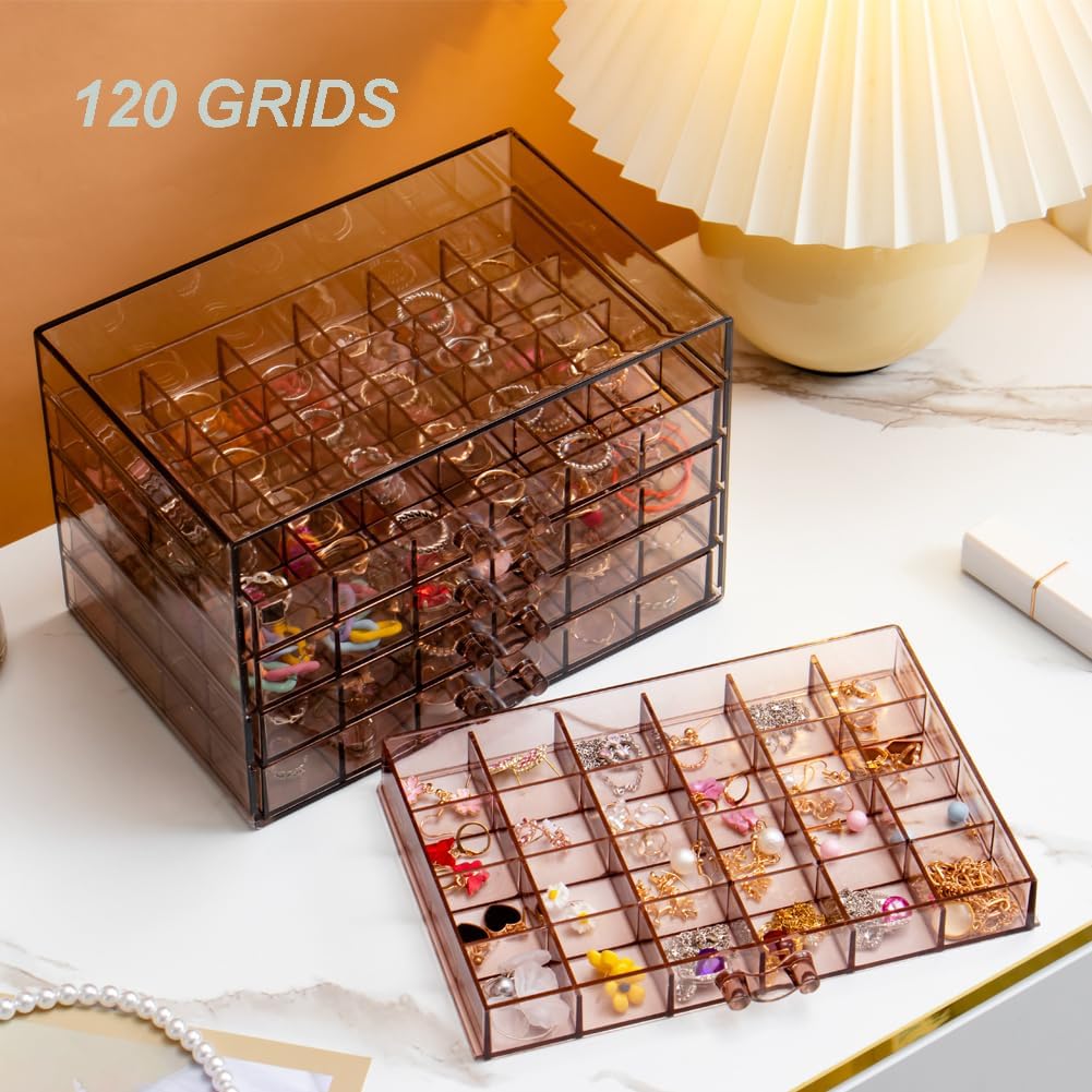 Earring Storage Box Organizer, Acrylic Jewelry Storage Box Holder 5 Drawers Transparent Jewelry Display Stand with 120 Small Compartments Gift Boxes for Women Girls (Clear Purple Brown)