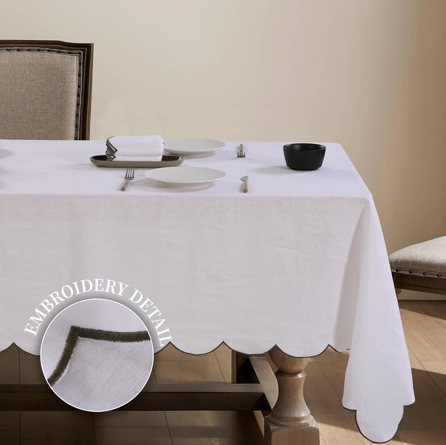 100% French Flax Linen Tablecloths Scalloped Embroidery Rectangle 120Lx60W Inch for Dinners, Parties, Spring, Machine Washable, 10-12 Sets, White(Edges-Green)