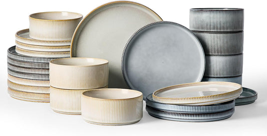 Famiware Star Dinnerware Set, Plates and Bowls Sets for 8 (24pcs), Ribbed Stoneware Dishes - Chip & Scratch Resistant, Microwave & Dishwasher Safe, Multicolor - Cappuccino White & Smoky Blue