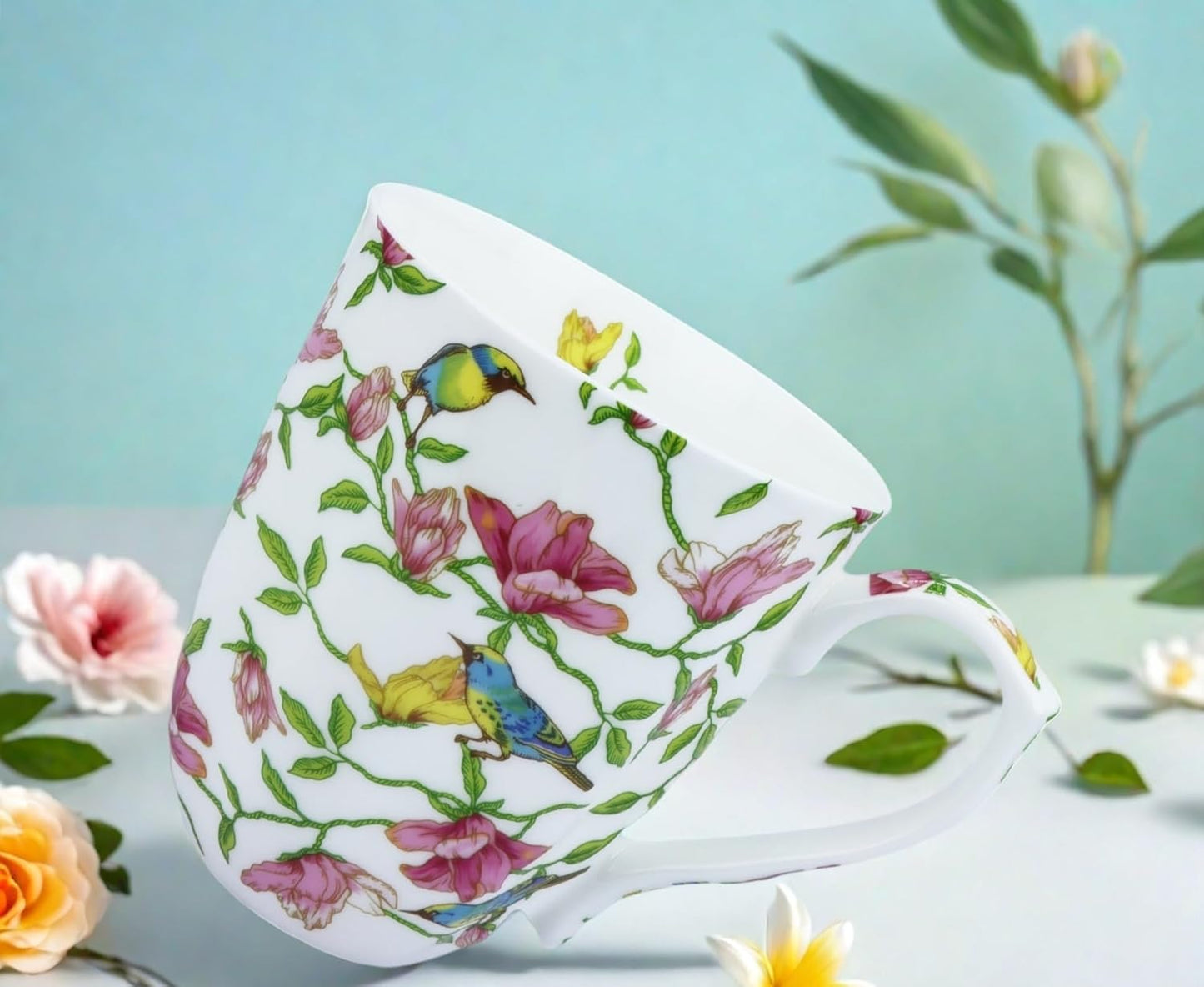 14oz Cute Coffee Mugs for Women Cute Mugs Bone China Floral Coffee Mug Teacups for Mom Women Birthday Gifts Christmas Gifts