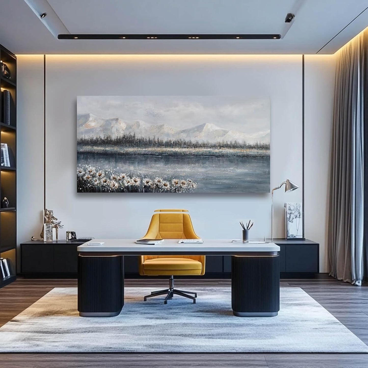 White Wall Art for Living Room Daisy Pictures Framed Floral Wall Decor Abstract Wall Art Mountain Landscape Artwork Office Arts for Home Office 29"x58"