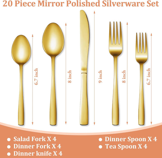 20 Pcs Gold Silverware Set, Stainless Steel Flatware Set for 4, Food-Grade Cutlery Set, Mirror Polished Tableware Eating Utensils Set for Home Kitchen, Include Knife Fork Spoon Set, Dishwasher Safe