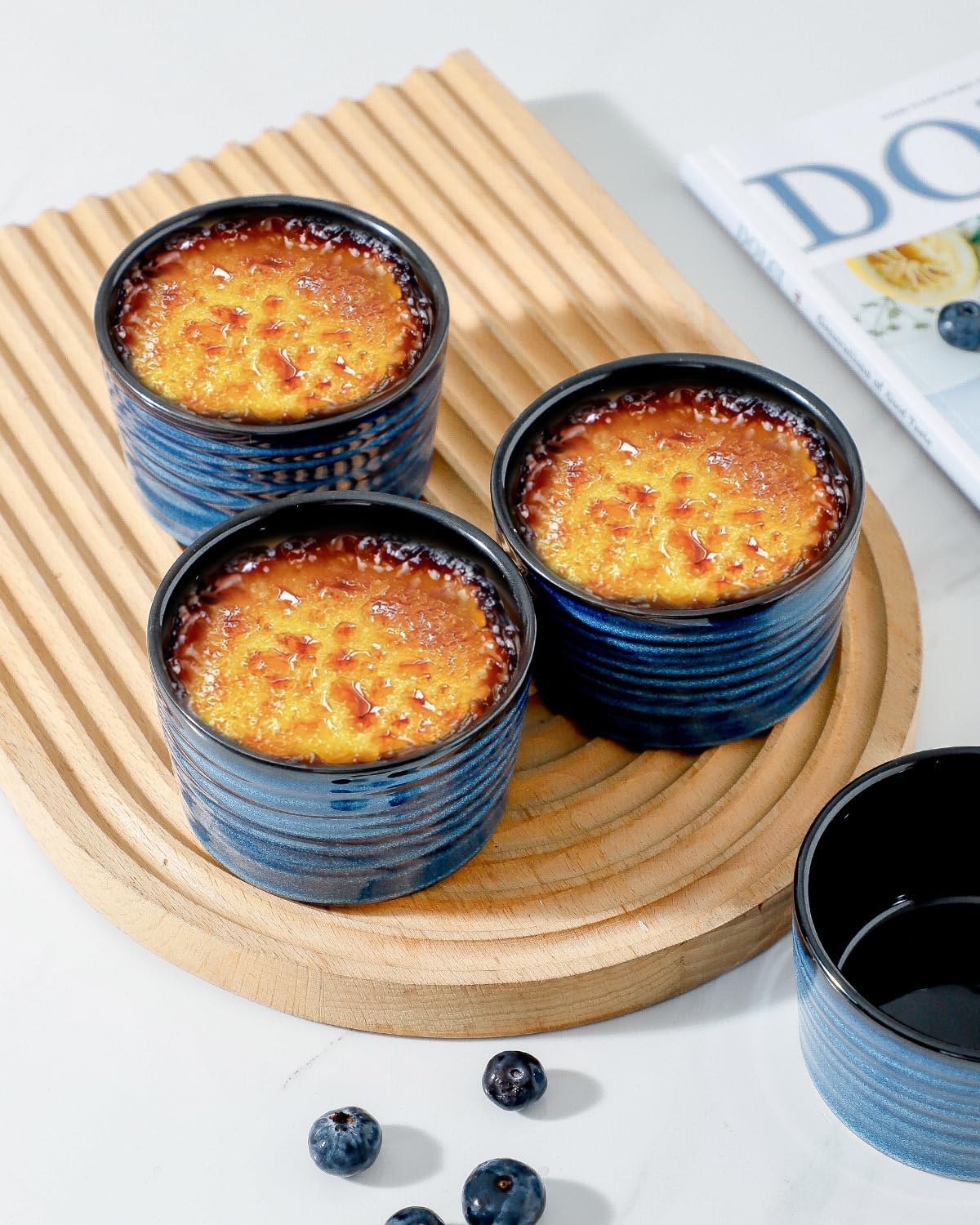 Ramekins 8 oz Oven Safe,Set of 6 Ceramic Souffle Dish Oven Safe for Creme Brulee,Porcelain Creme Custard Cups for Pudding,Creme Brulee,Serving Dip, Custard,Ice Cream,Dishwasher Safe,Blue