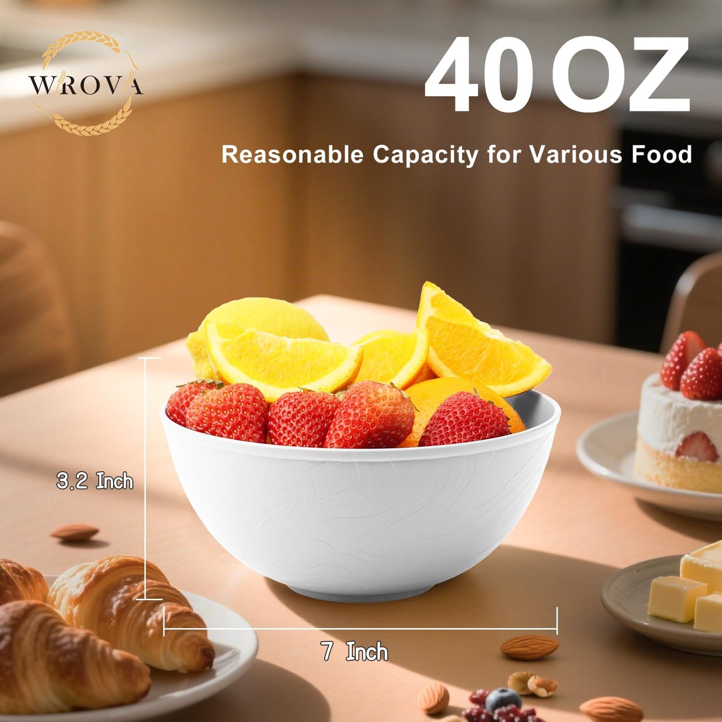 Wrova White Wheat Straw Bowls for Cereal and Salad,Alternative Plastic Bowls Set of 6,40oz Unbreakable Soup Bowls suitable for Kitchen,Party,Camping and R.V.