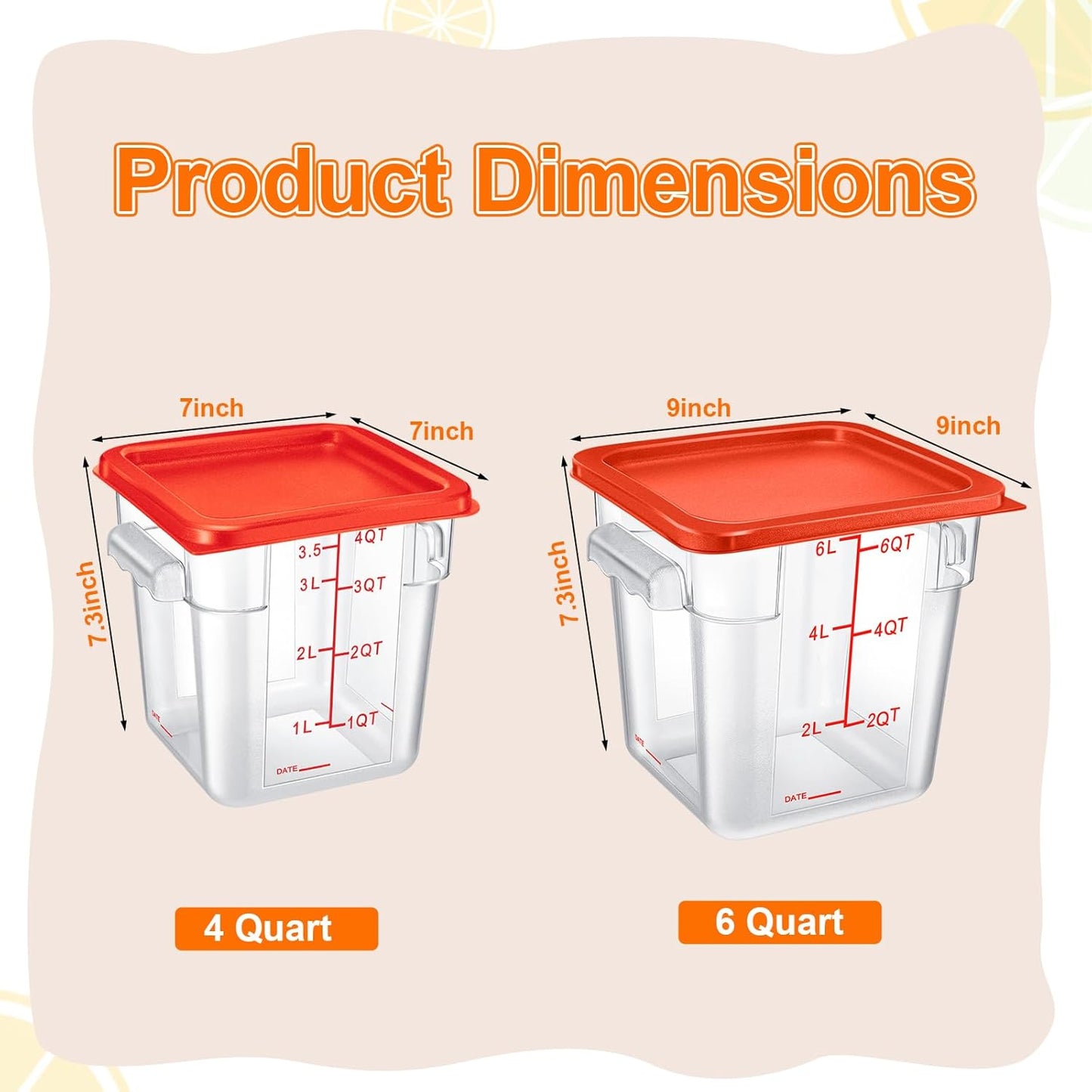 Suclain 8 Pack 4 QT and 6 QT Food Storage Containers with Lids Scales Handles Square Clear Restaurant Food Storage Containers Polycarbonate Commercial Grade for Kitchen Marinating Meat Dough(Red)