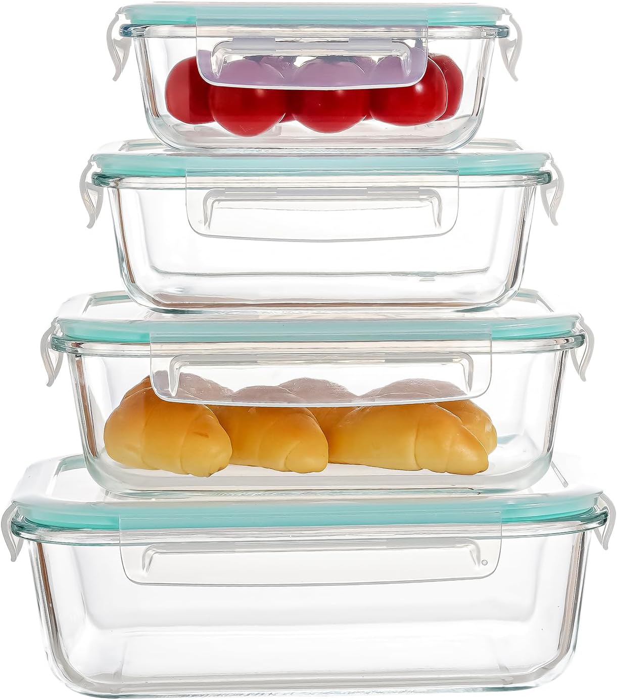 4 sealed glass lunch boxes with lids, transparent blue glass food storage containers, and sealed glass lunch boxes that can be placed in microwave ovens, refrigerators, and dishwashers