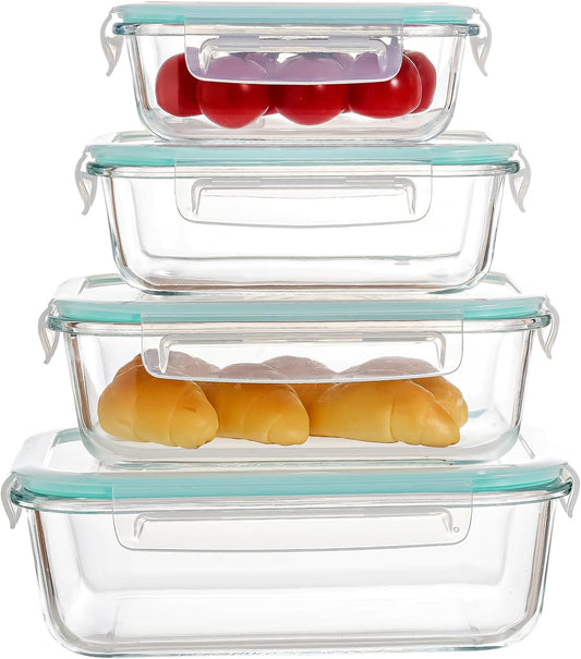 4 sealed glass lunch boxes with lids, transparent blue glass food storage containers, and sealed glass lunch boxes that can be placed in microwave ovens, refrigerators, and dishwashers