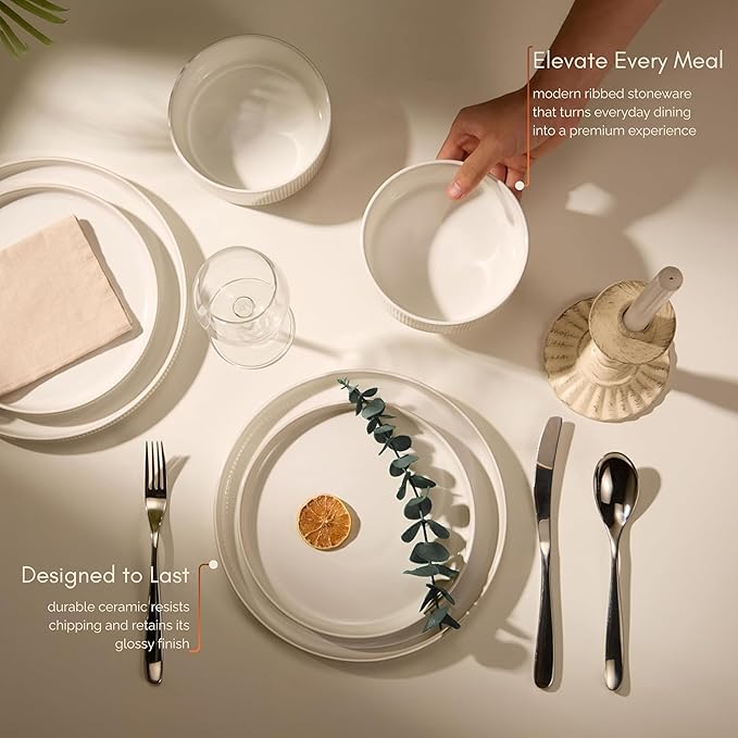 Ceramic Dinnerware Set, by Vase and Vessel, 12-Piece Service for 4, 9.8” Dinner Plates, 8” Salad Plates, 20 oz Bowls, Ombre Reactive Glaze, Durable Stoneware, Microwave & Dishwasher (Powder White)