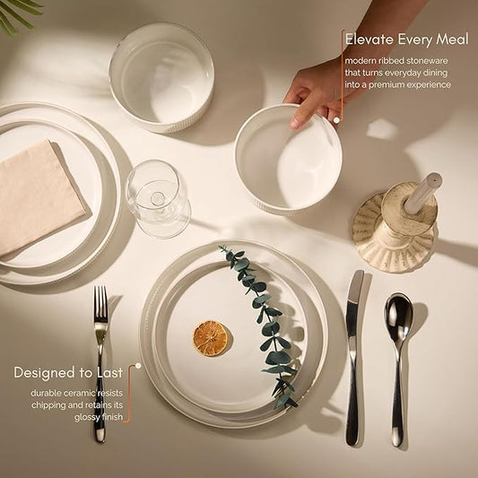 Ceramic Dinnerware Set, by Vase and Vessel, 12-Piece Service for 4, 9.8” Dinner Plates, 8” Salad Plates, 20 oz Bowls, Ombre Reactive Glaze, Durable Stoneware, Microwave & Dishwasher (Powder White)