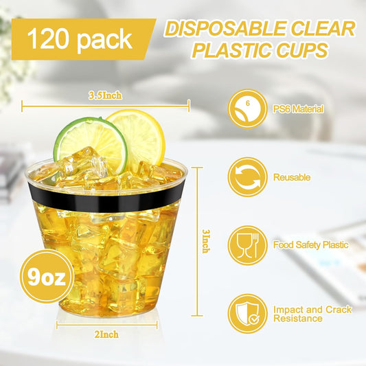 120 Pcs Black Plastic Cups,9Oz Black Rimmed Plastic Cups,Heavy Duty Clear Disposable Plasitc Cocktail Tumblers Wine Cup for Party,Wedding,Birthday,Christmas