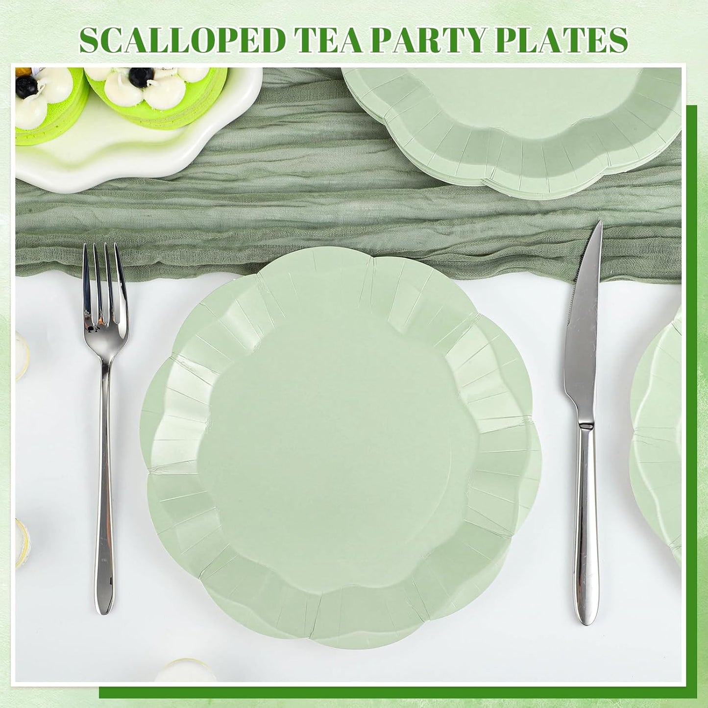 30pcs Sage Green Paper Plates, 7inch Scalloped Sage Green Dessert Cake Plates Cute Party Plate Disposable Greens Party Supplies for Wedding, Baby Bridal Shower, Birthday