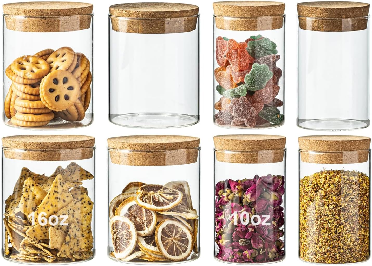 Airtight Glass Jars with Cork Lids -set of 8 (4 Large 16oz & 4 Small 10oz) Kitchen Storage Containers for Tea, Cereal, Spices, Beans, Candy | Wedding, Pantry, Biscuit Organization (8PCS)