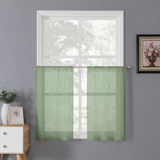 Tollpiz Short Sheer Tier Curtains Linen Textured Half Kitchen Curtain Sheers Light Filtering Rod Pocket Voile Small Curtain for Bathroom, 25 x 24 inches Long, Sage Green, Set of 2 Panels