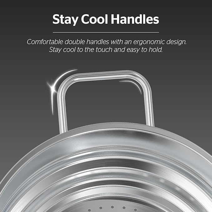 SUNHOUSE 5 Quart Stainless Steel Steamer Insert – Multi-Purpose Soup & Food Steamer with Stay-Cool Handles & Heavy-Duty Glass Lid – Fits Various Pot Sizes (8", 8.5", 9.5")