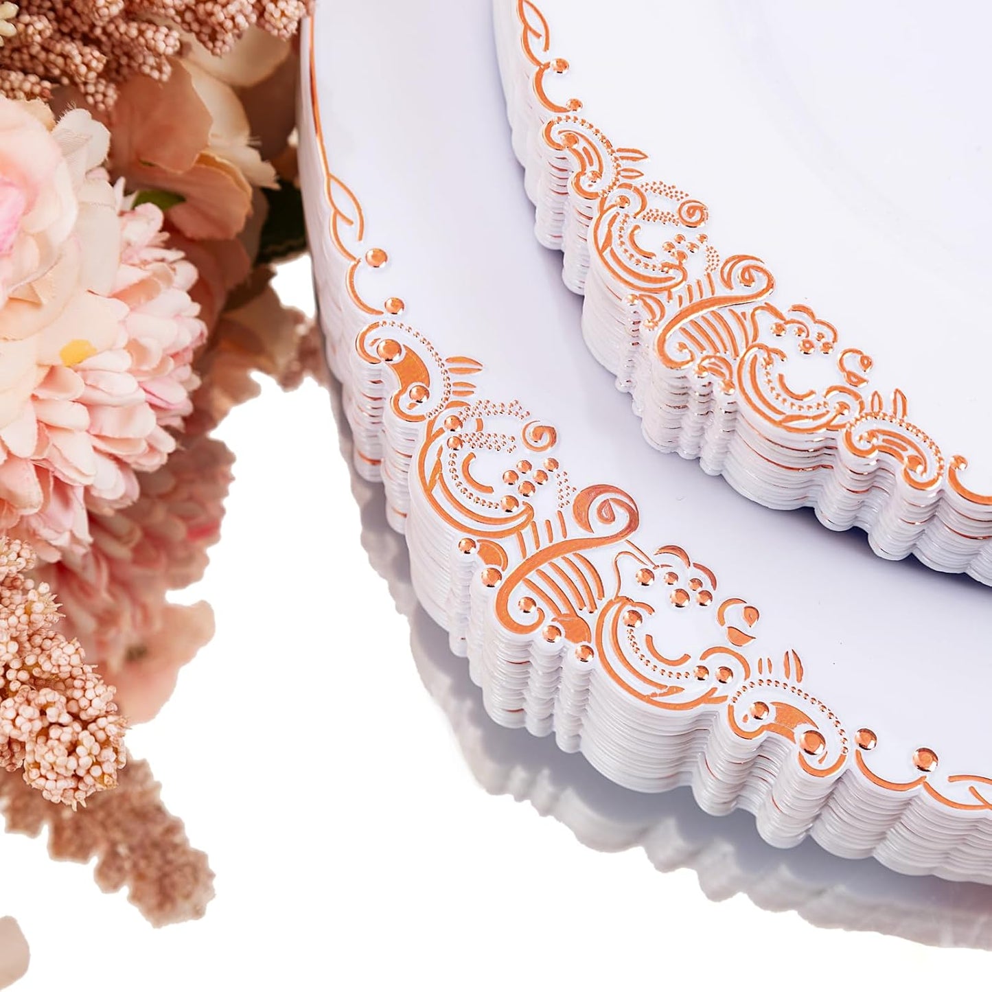 Hioasis 350pcs Rose Gold Plastic Plates - Elegant Disposable Dinnerware Set Suitable for 50 Guests Include 10.25" Dinner & 7.5" Dessert Plates, Pre Rolled Silverware Set, Cups for Party & Thanksgiving