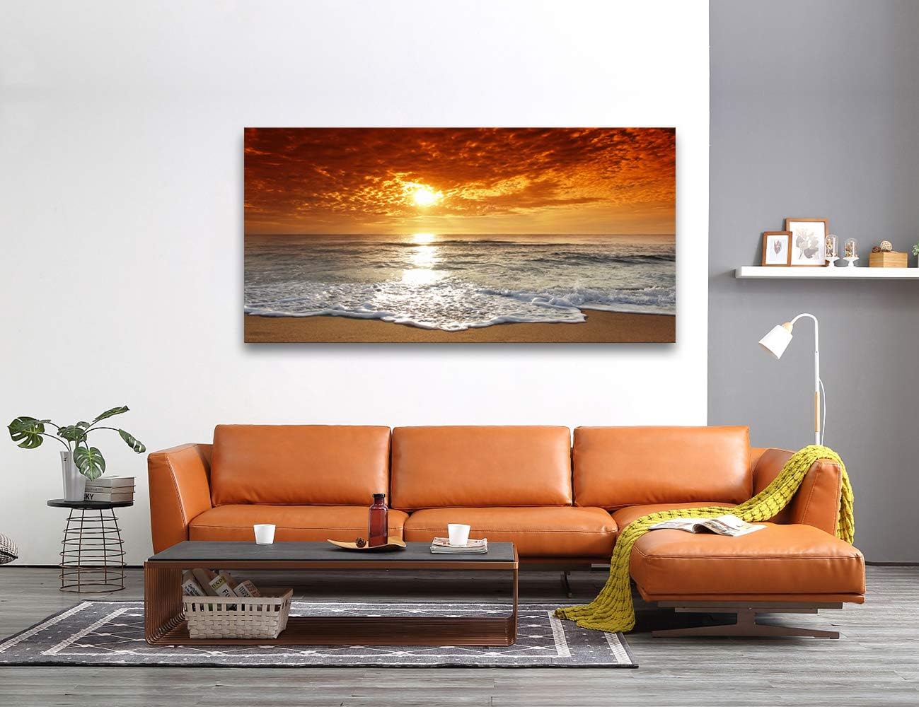 Muolunna S04662 Canvas Prints Wall Art Sunset Ocean Beach Pictures Photo Paintings for Living Room Bedroom Home Decorations Stretched and Framed Ready to Hang Seascape Waves Artwork 24x48inch
