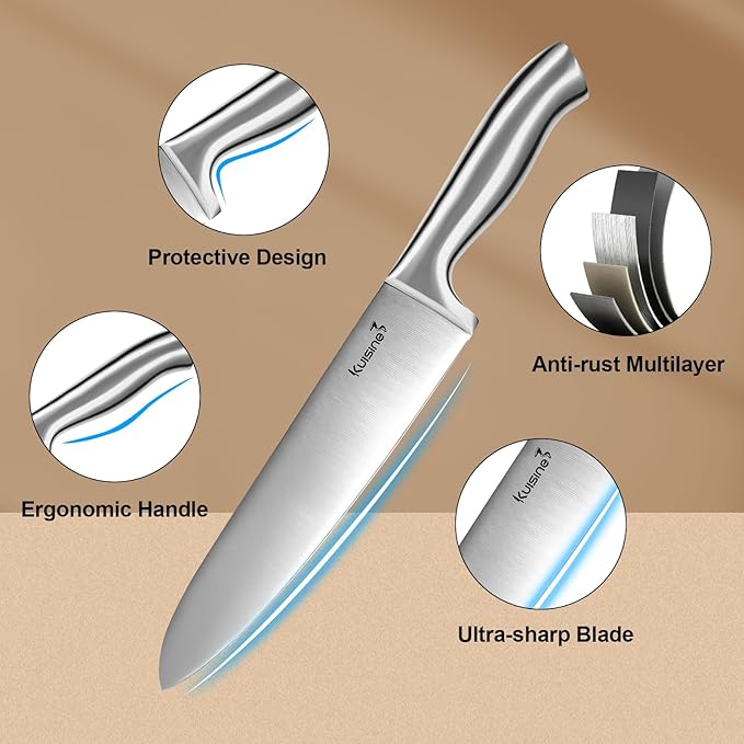 Kuisine Premium Sharp Knife Set,High Carbon Stainless Steel Sharper Blade Ergonomic Non-slip Handle,Kitchen Block Knife Set Chef Knife Block Set with Built-in Sharpener(Acacia, 15PCS)