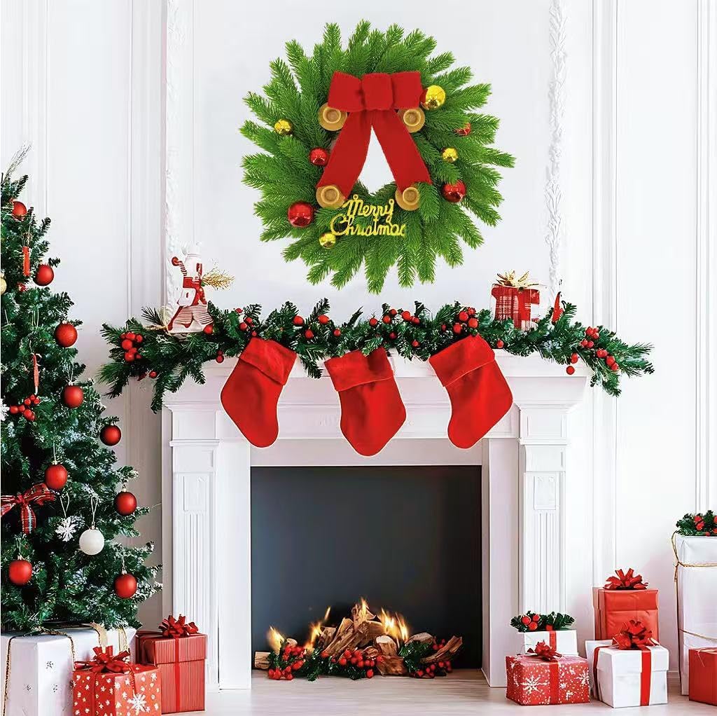 20Inch Christmas Candle Wreath, Realistic Pine Advent Wreath with Red Gold Balls and Bow, Kitchen Cabinet Candle Holder for Table Wall Window Porch Front Door Fireplace Decor