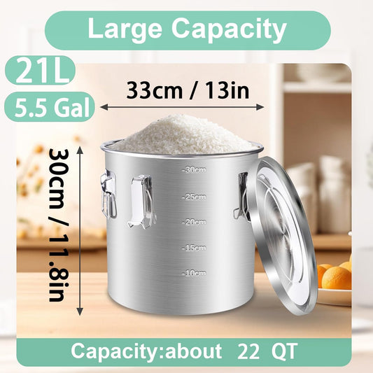304 Stainless Steel Airtight Canister, 21L/5.5 Gal Food Storage Containers, 38 lbs Metal Bucket, with Lids and 4 Lock Clips for Grain, Rice, Oil, Sugar, Flour, Coffee Bea