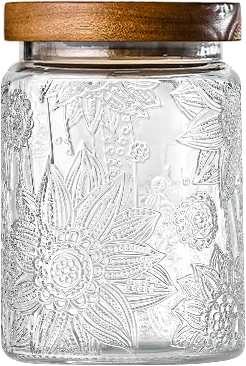 24oz Vintage Glass Canister With Lid Small Glass Jars Wide Mouth Mason Jars Airtight Coffee Canisters Kitchen Storage Containers For Sugar Tea Spice Flour Candy Cookie Cereal Cute Decorative