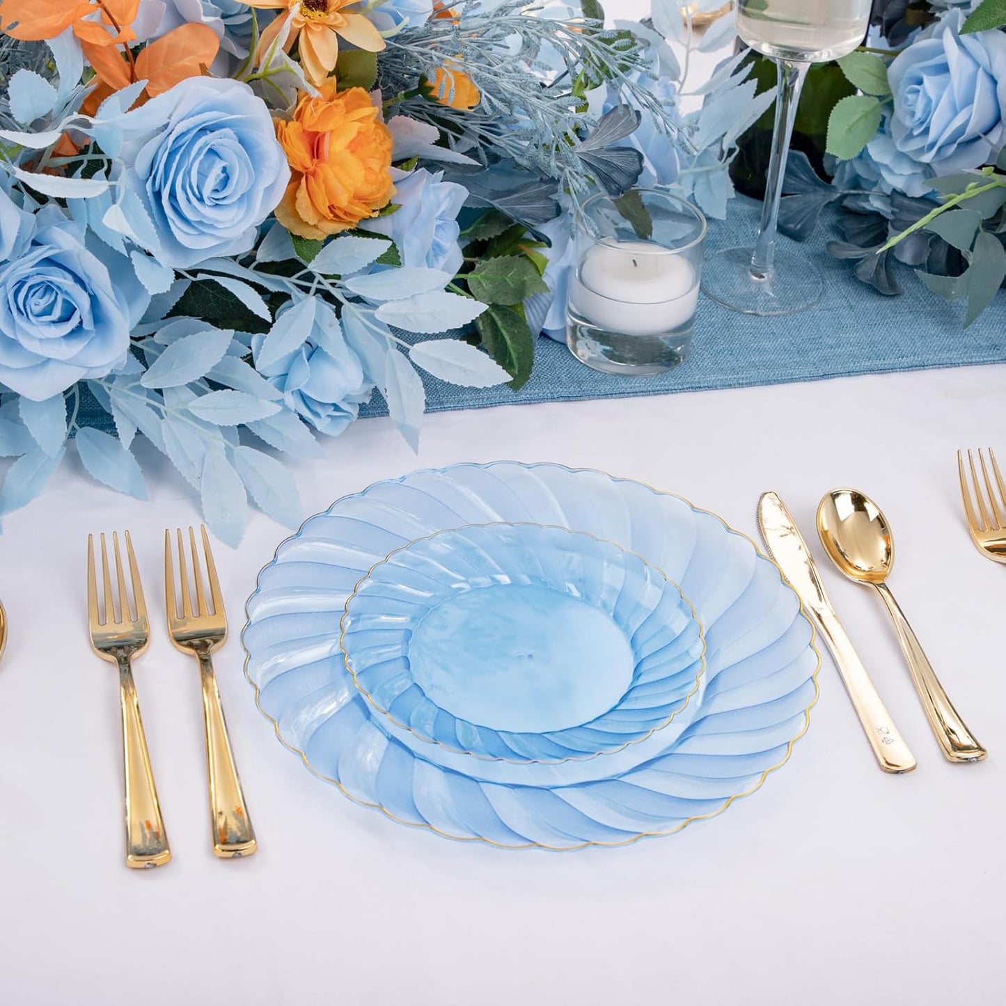 YOUBET 125PCS Clear Blue Gold Plastic Plates - Blue Disposable Plates With Gold Rim Include 25 Dinner Plates 25 Dessert Plates 75 Golden Silverwares for Wedding Birthday & Parties