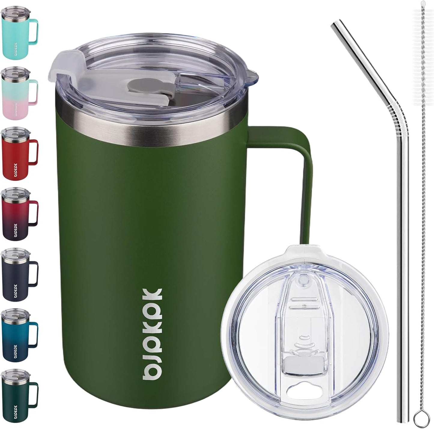 BJPKPK Insulated Coffee Mug with 2 Lids, 25oz Stainless Steel Insulated Tumbler with Handle, Double Wall Vacuum Coffee Cups, BPA Free Travel Mug for Coffee, Tea and Drinks, Forest Green