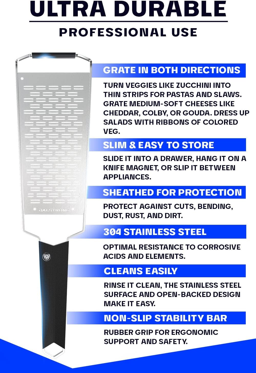 Dalstrong Professional Wide Cheese Grater - Ribbon - #304 Stainless Steel Blade - G10 Handle Kitchen Shredder - w/Blade Cover - Medium/Soft Cheese, Chocolate, Citrus, Root Vegetables - NSF Certified