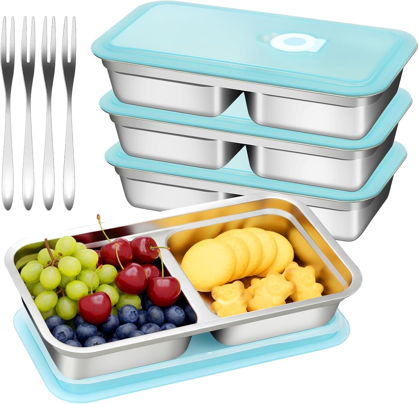 Stainless Steel Snack Containers with Lids, Reusable 2 Compartment Stainless Steel Bento Lunch Box, Food Storage, 4 Pack with Forks, Leak Proof, Dishwasher-Safe, Grab and Go for Work, Travel
