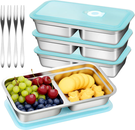 Stainless Steel Snack Containers with Lids, Reusable 2 Compartment Stainless Steel Bento Lunch Box, Food Storage, 4 Pack with Forks, Leak Proof, Dishwasher-Safe, Grab and Go for Work, Travel