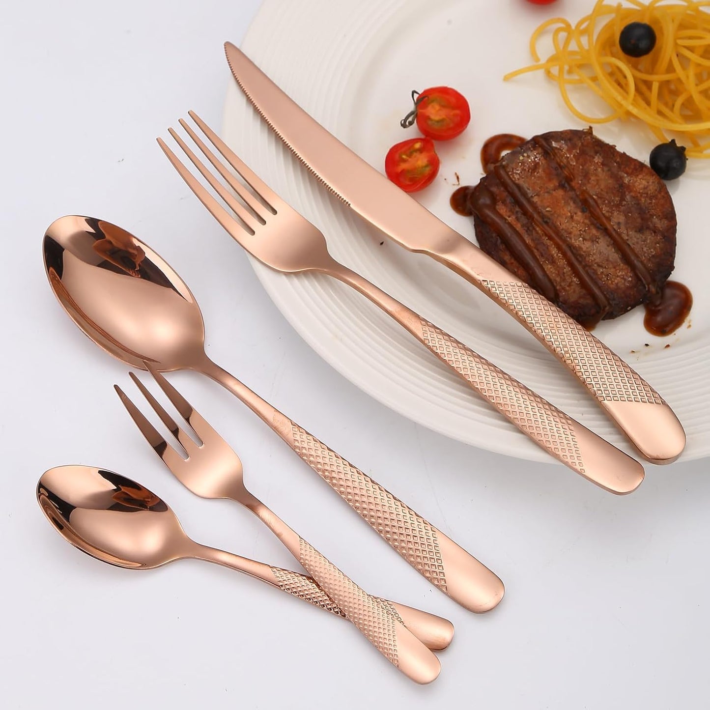 Hammered Flatware Set Copper/Rose Gold Silverware 20 Piece Stainless Steel Service for 4 Forks Knives Spoons Heavy Thickened Handle Elegant Modern Design Kitchen Use Festival Parties…