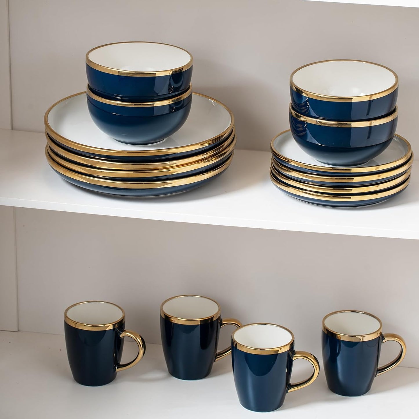 Blue Ceramic Dinnerware Sets for 4, 16-Piece Luxury Plates and Bowls Sets with Gold Rim, Modern Dish Set for Wedding Christmas Anniversary, Crack Resistant | Dishwasher & Freezer Safe