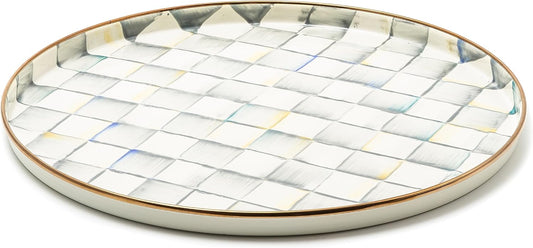 MACKENZIE-CHILDS Enamel Round Tray, Unique Serving Platter for Food and Drinks, Gray-and-White Sterling Check